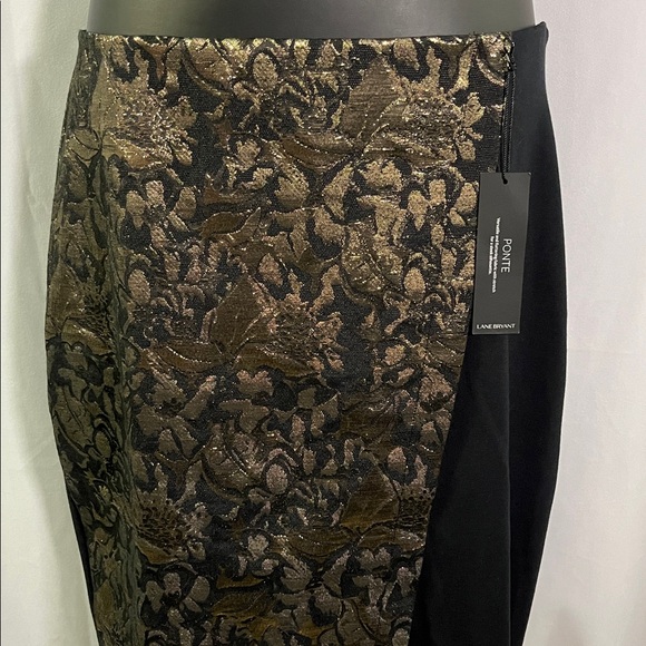 NWT Lane Bryant Black & Metallic Gold Jacquard Floral Ponte Knit Faux Wrap Skirt - Picture 4 of 14